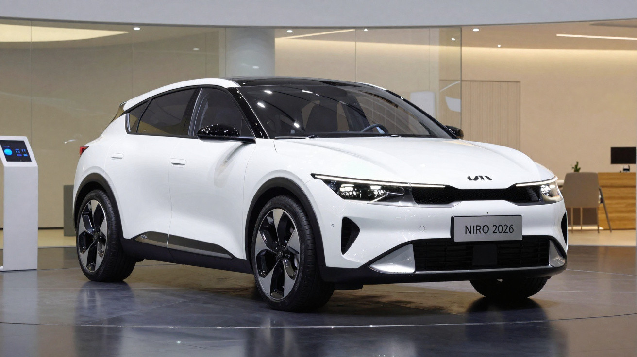 Carro elétrico branco Kia Niro 2026 exposto em ambiente interno moderno e iluminado.