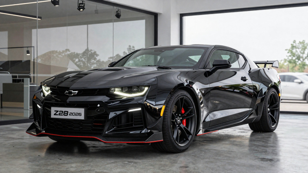 Carro esportivo Chevrolet Camaro Z28 2025 preto em showroom com detalhes em vermelho.