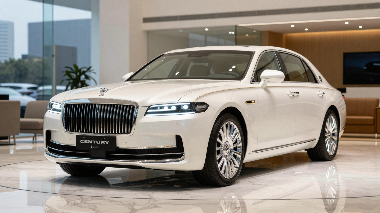 Carro de luxo branco Toyota Century 2026 em exposição dentro de salão moderno.