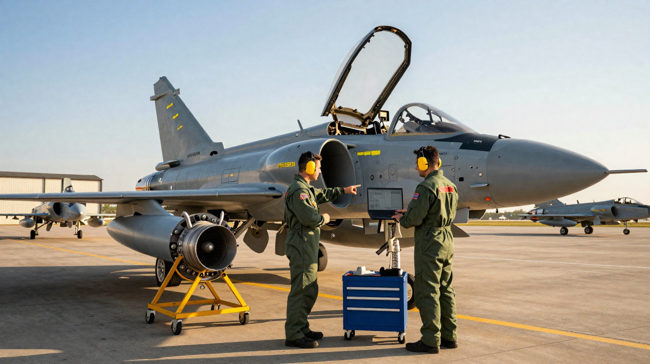 Dois técnicos em uniforme e protetores auriculares inspecionam um caça militar estacionado em pista de aeroporto.