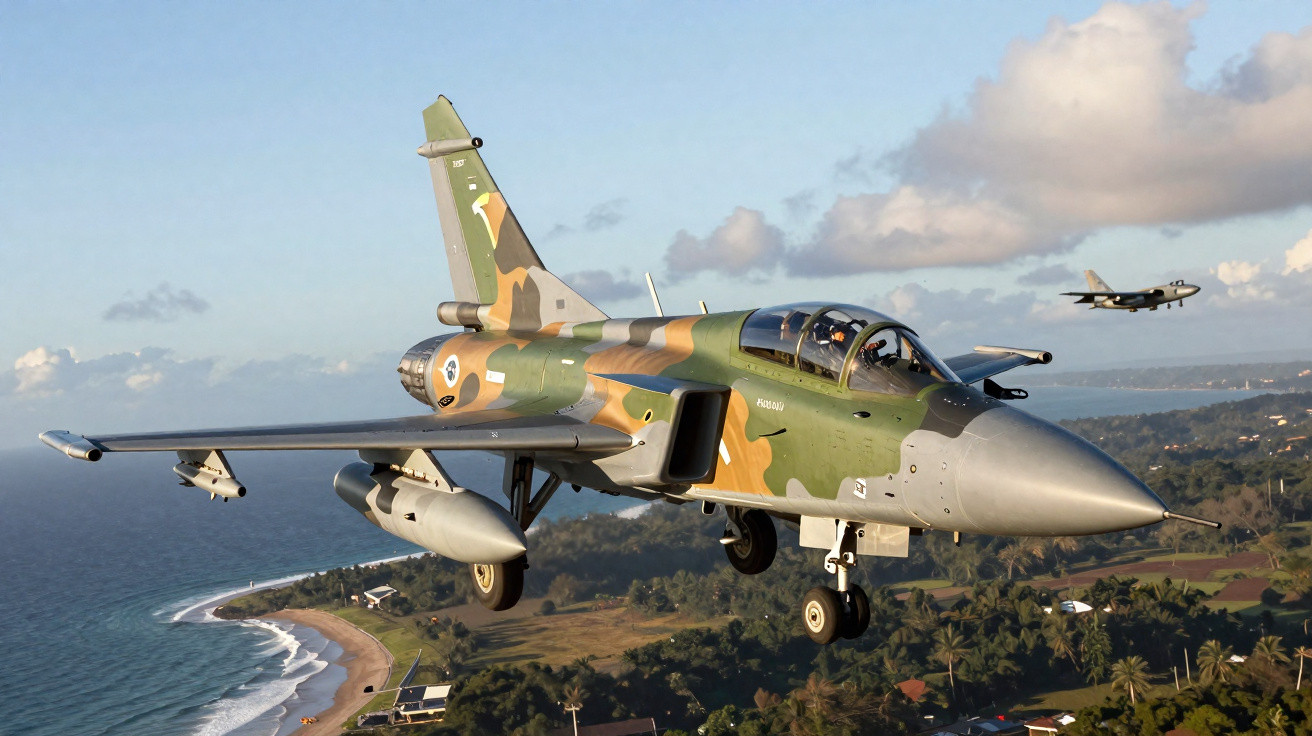 Caça militar camuflado voando sobre costa com mar azul e vegetação ao fundo em dia claro.