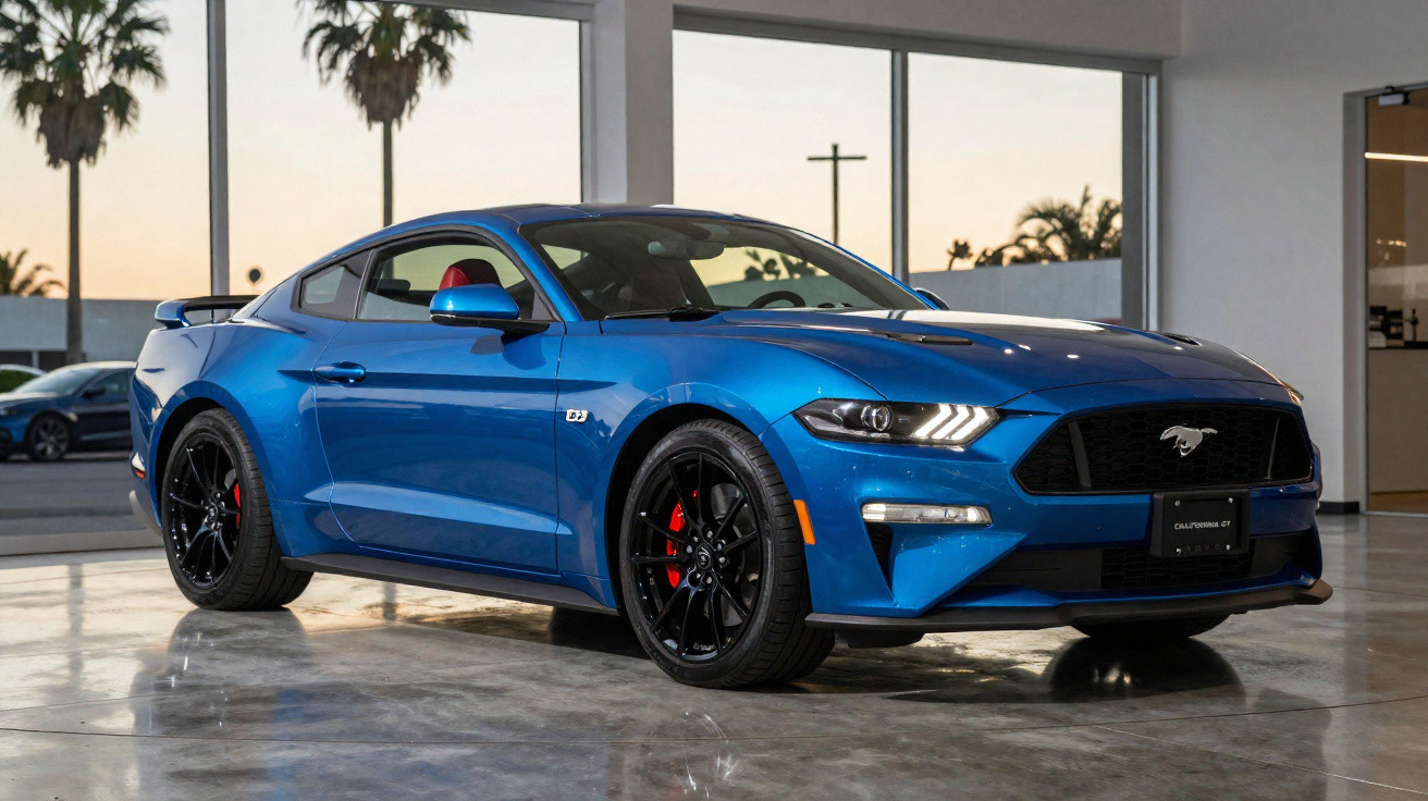Carro esportivo azul Ford Mustang GT estacionado em showroom com piso de concreto e janelas grandes ao fundo.