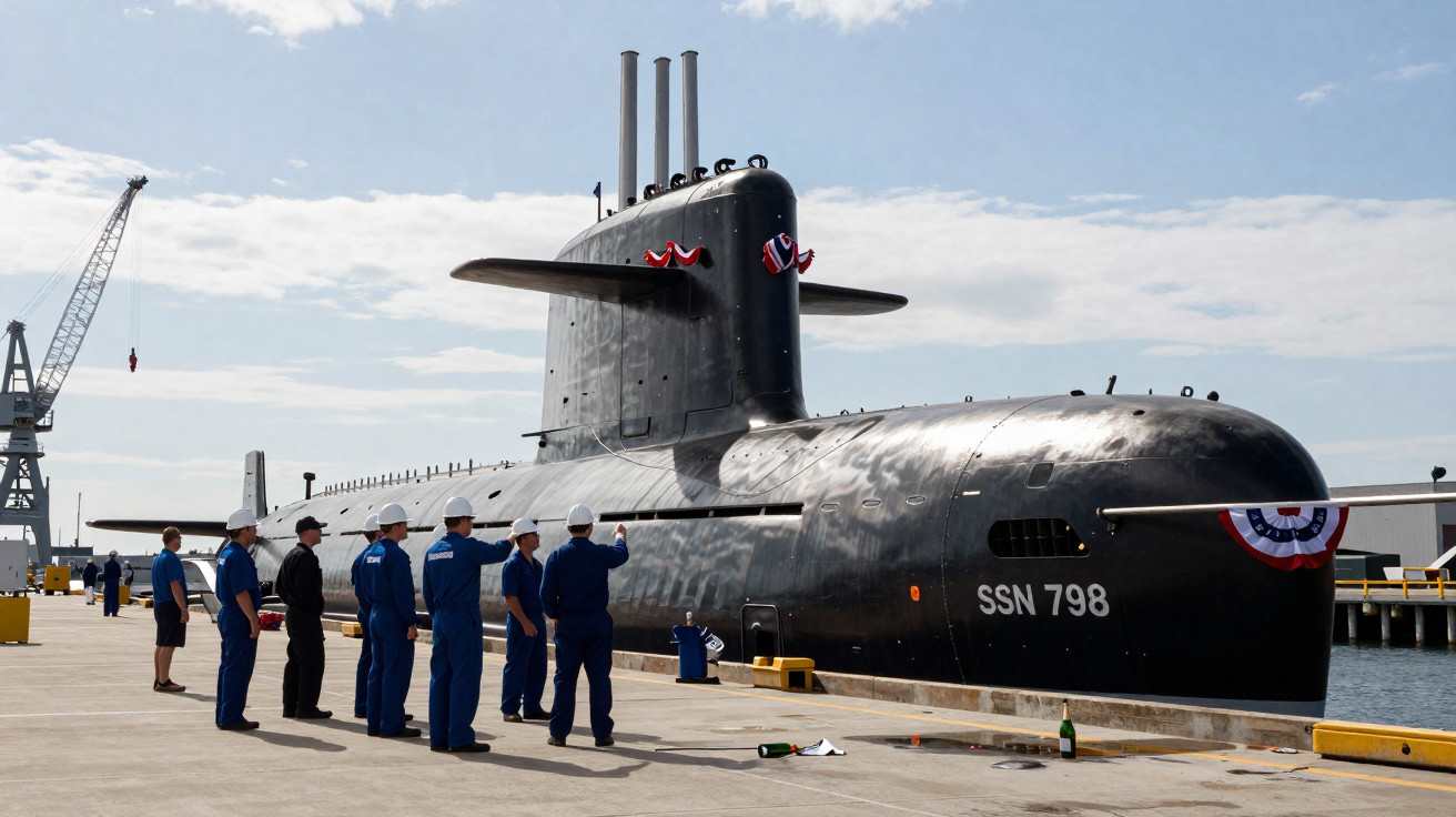 Submarino militar SSN 798 atracado com tripulação em uniforme azul na doca durante cerimônia.