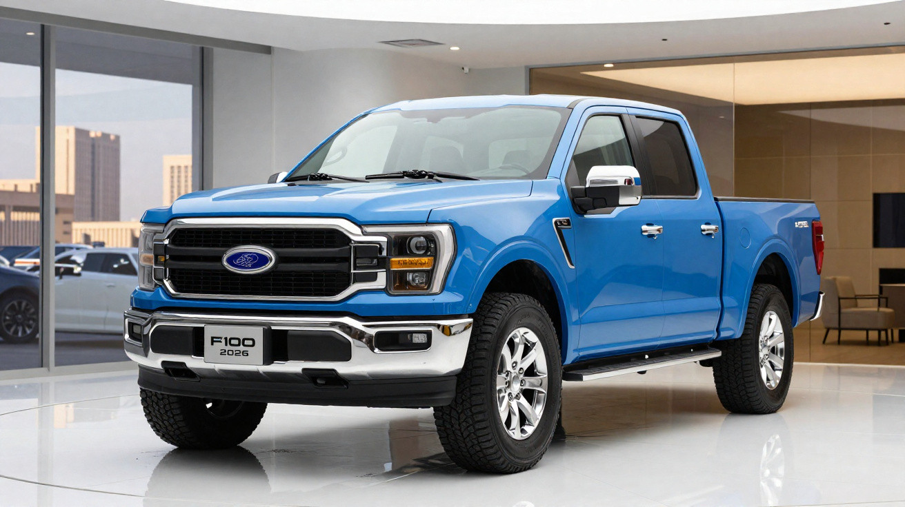 Picape Ford F-100 2026 azul exibida em ambiente interno moderno e iluminado.
