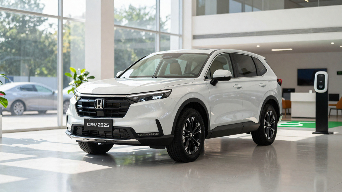 SUV branco Honda CR-V 2025 exposto em showroom moderno com grande janela e piso claro.