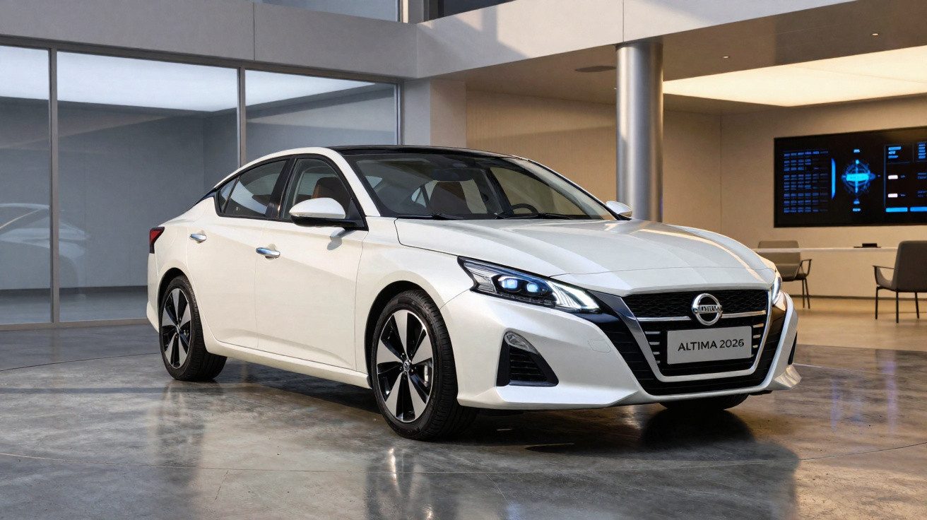 Carro sedã branco Nissan Altima 2026 em ambiente interno moderno com piso de concreto polido.