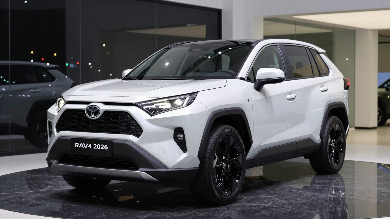 SUV Toyota RAV4 2026 branco exibido em showroom com rodas pretas e detalhes em preto.