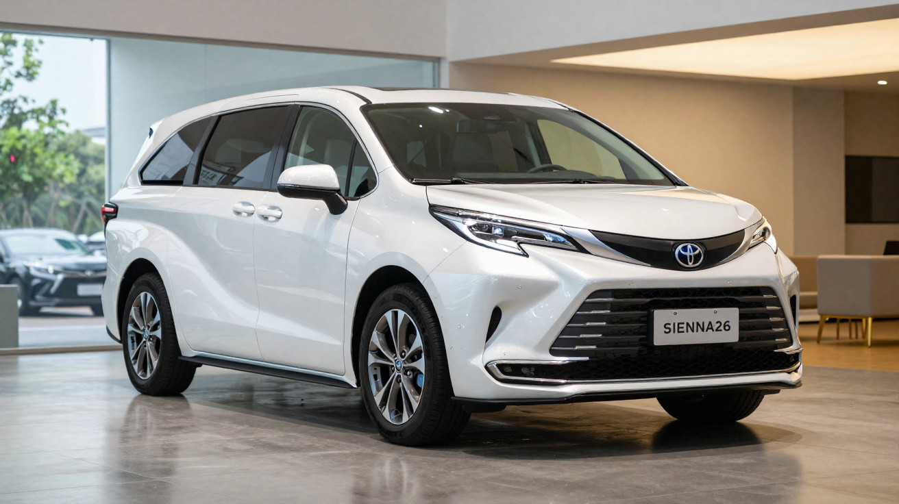 Carro Toyota Sienna branco estacionado em ambiente interno, vista frontal lateral direita.