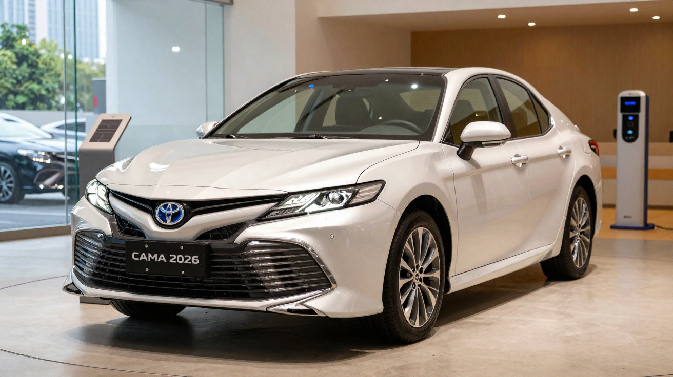Carro sedan branco Toyota Camry 2026 exibido em showroom moderno e iluminado.