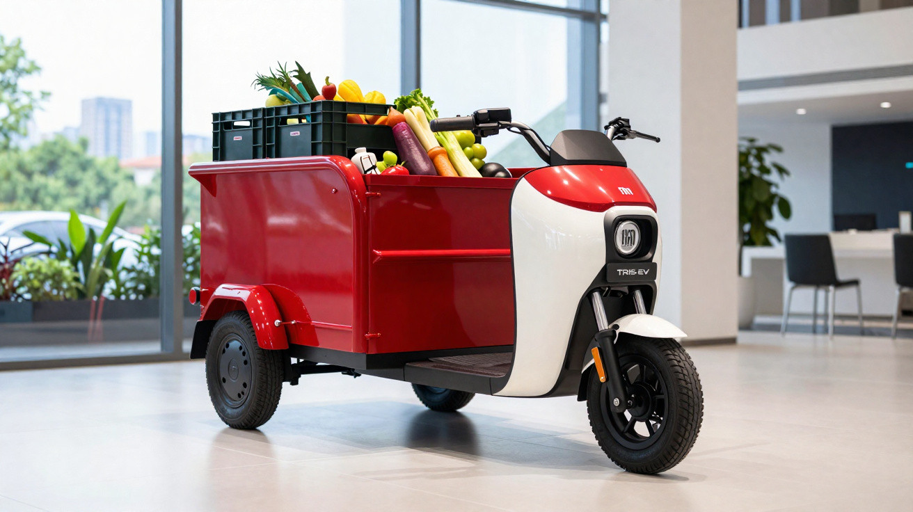 Motocargo elétrico vermelho e branco carregado com frutas e verduras em ambiente interno.
