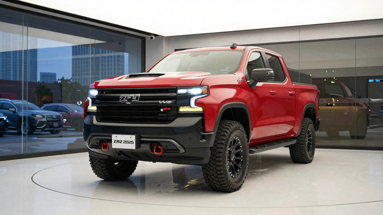 Picape vermelha Chevrolet ZR2 2025 em exposição interna, com para-choque preto e faróis acesos.