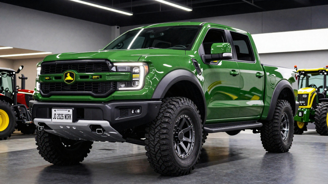 Picape verde personalizada com logo John Deere, pneus off-road e para-choque reforçado em showroom.