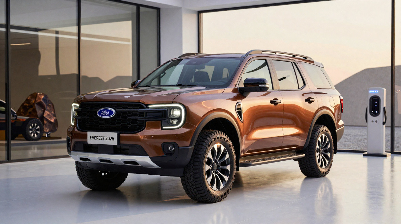 Carro SUV Ford Everest 2026 na cor marrom exposto em ambiente interno moderno com carregador elétrico.
