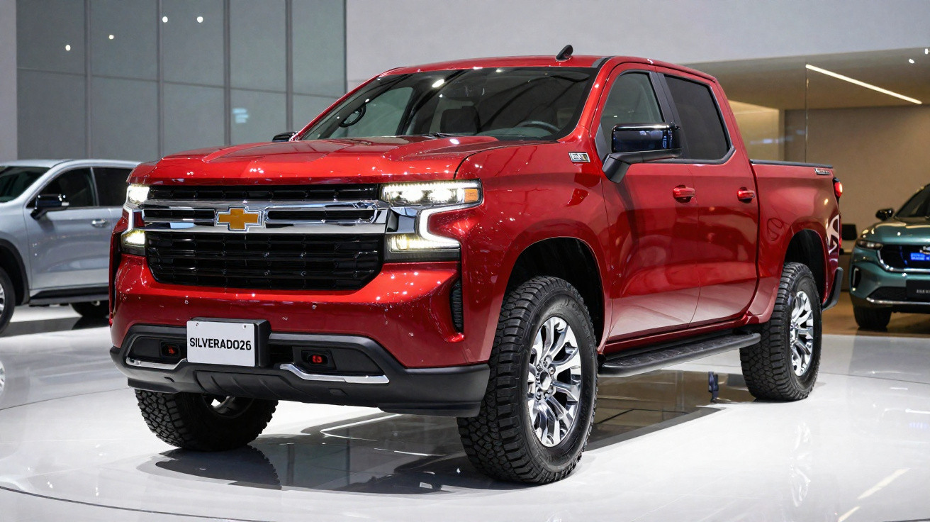Picape Chevrolet Silverado vermelha exibida em salão de automóveis com destaque para a frente e rodas.