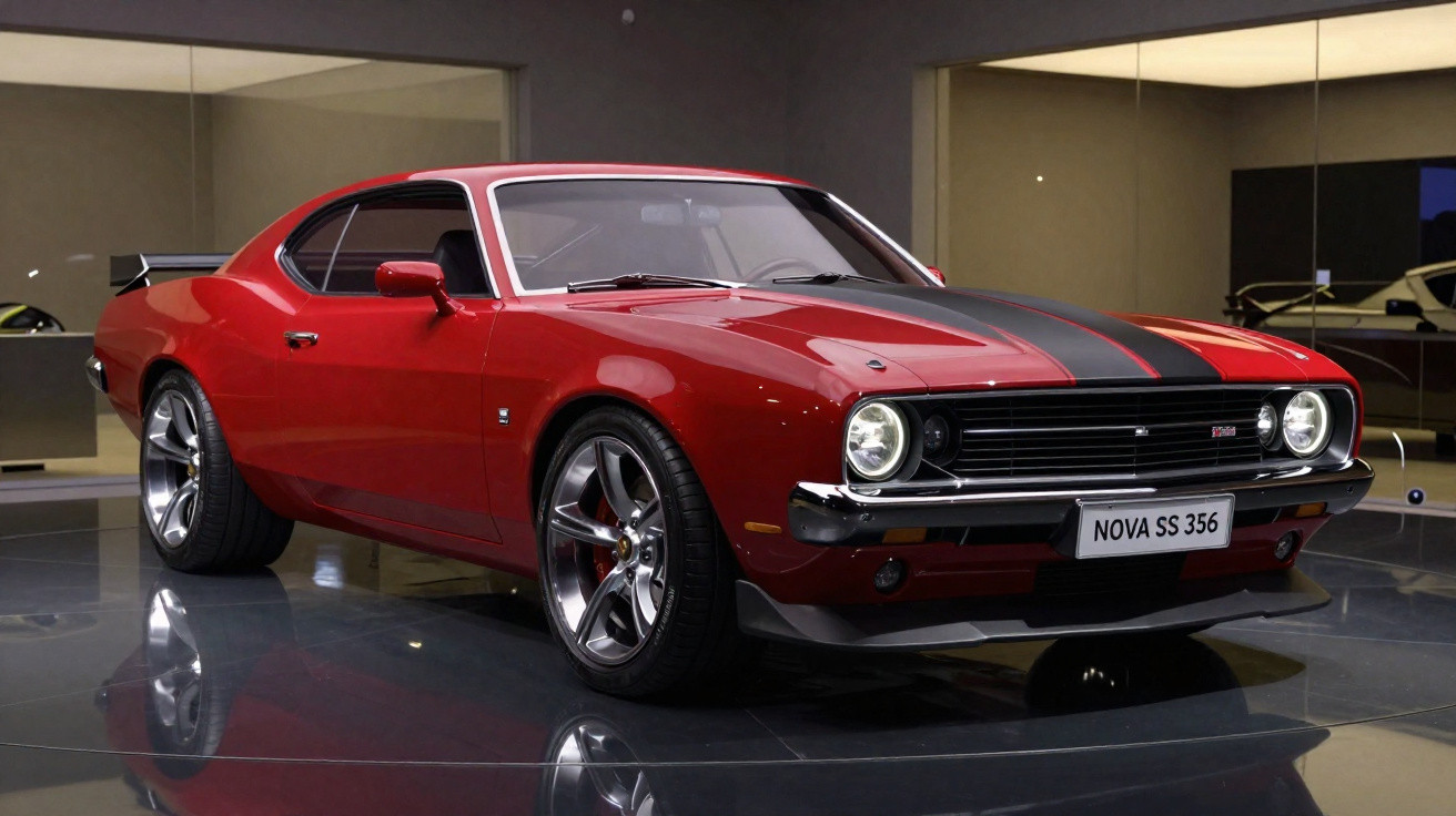 Carro esportivo vermelho brilhante com faixas pretas no capô, rodas grandes e design clássico em ambiente fechado.