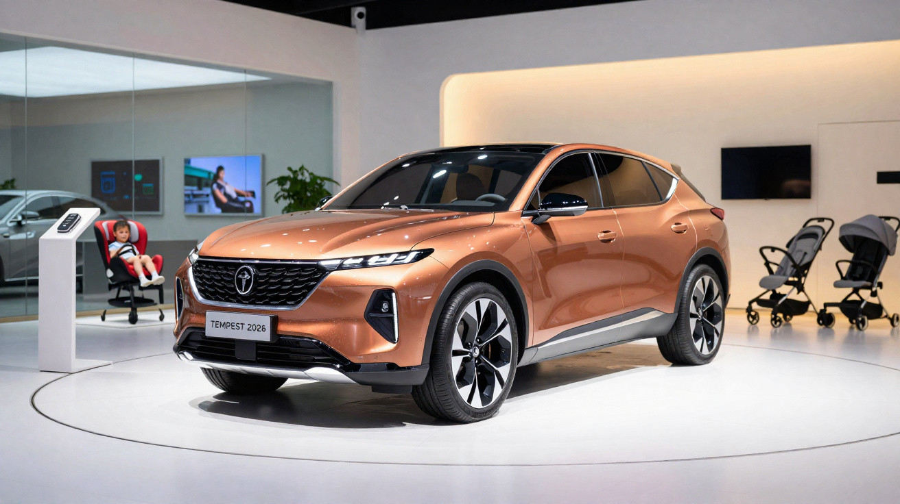 Carro SUV elétrico bronze modelo Tempest 2026 exibido em showroom moderno e iluminado.
