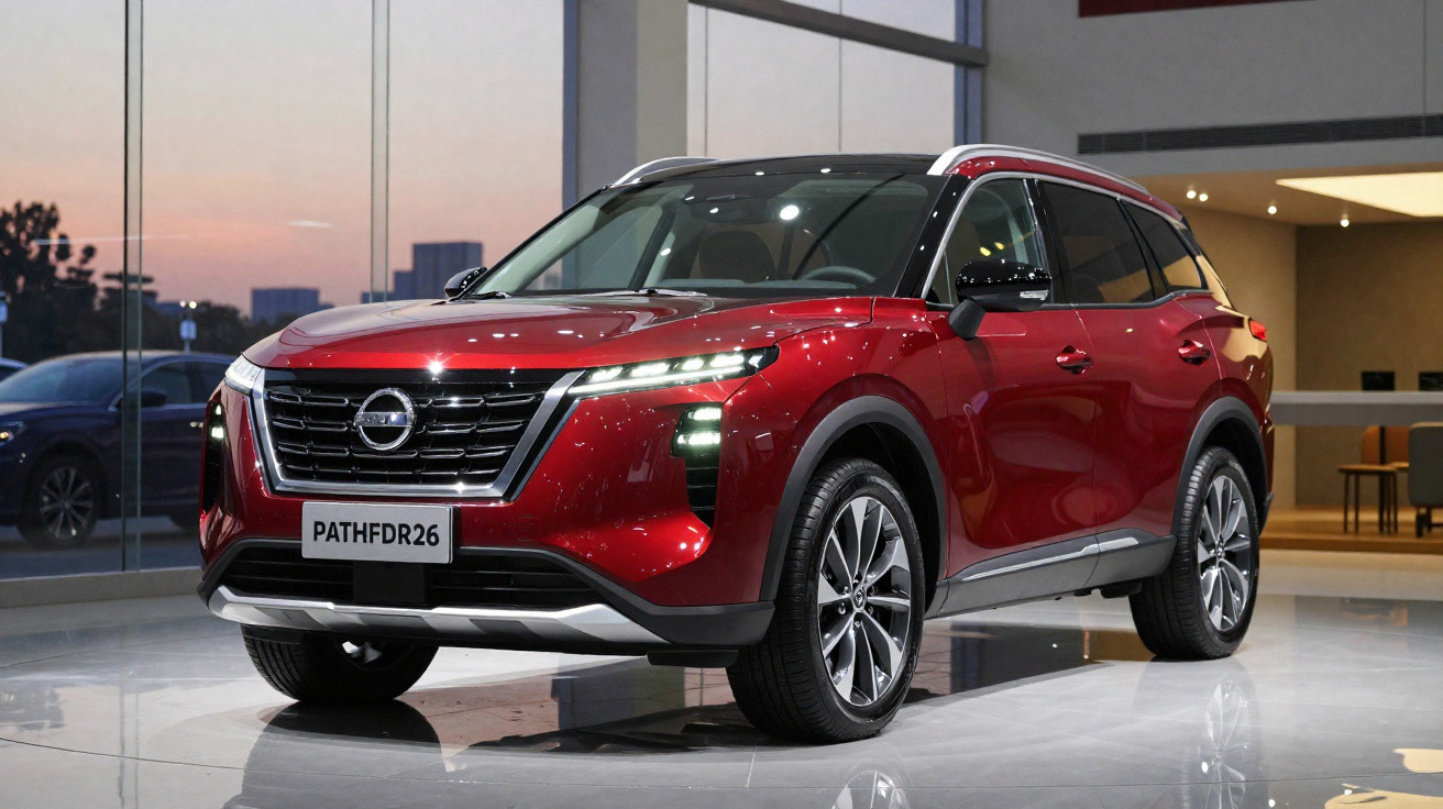 SUV Nissan Pathfinder vermelho exibido em showroom moderno com iluminação suave ao entardecer.