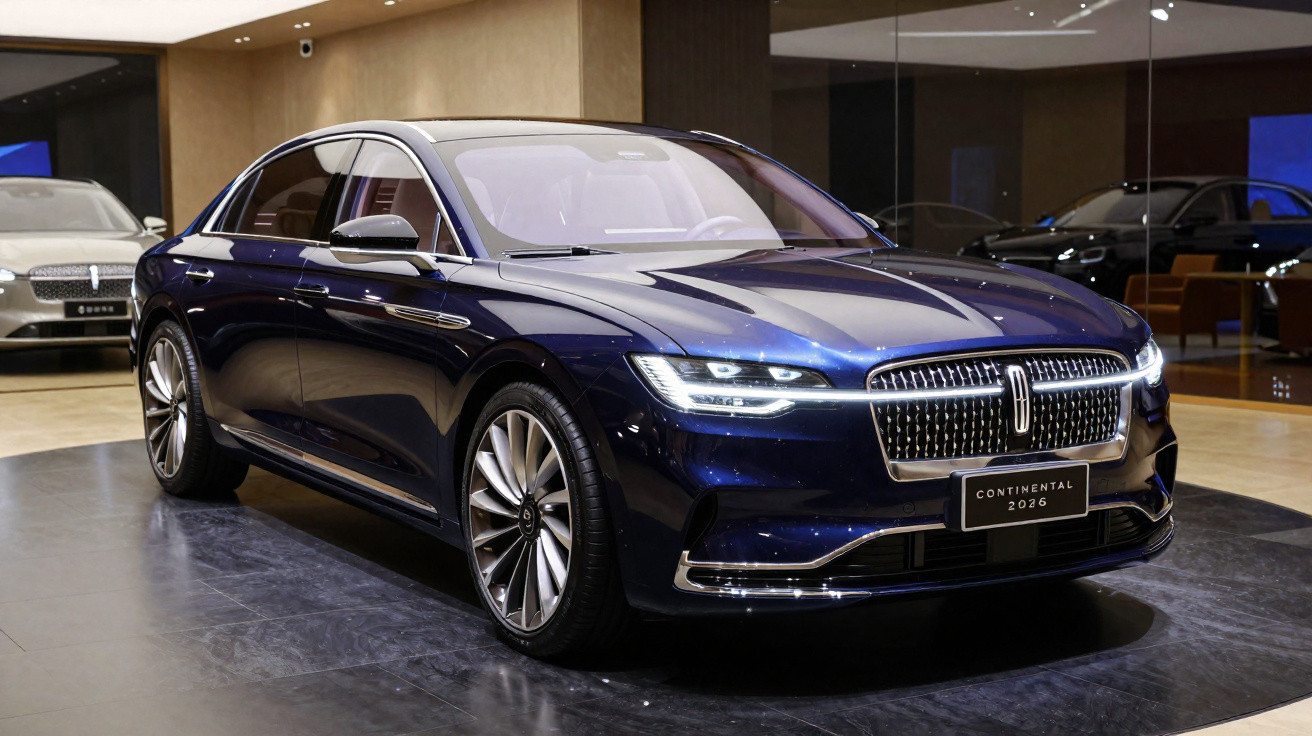 Carro sedan azul da marca Lincoln modelo Continental 2026 exibido em showroom moderno.