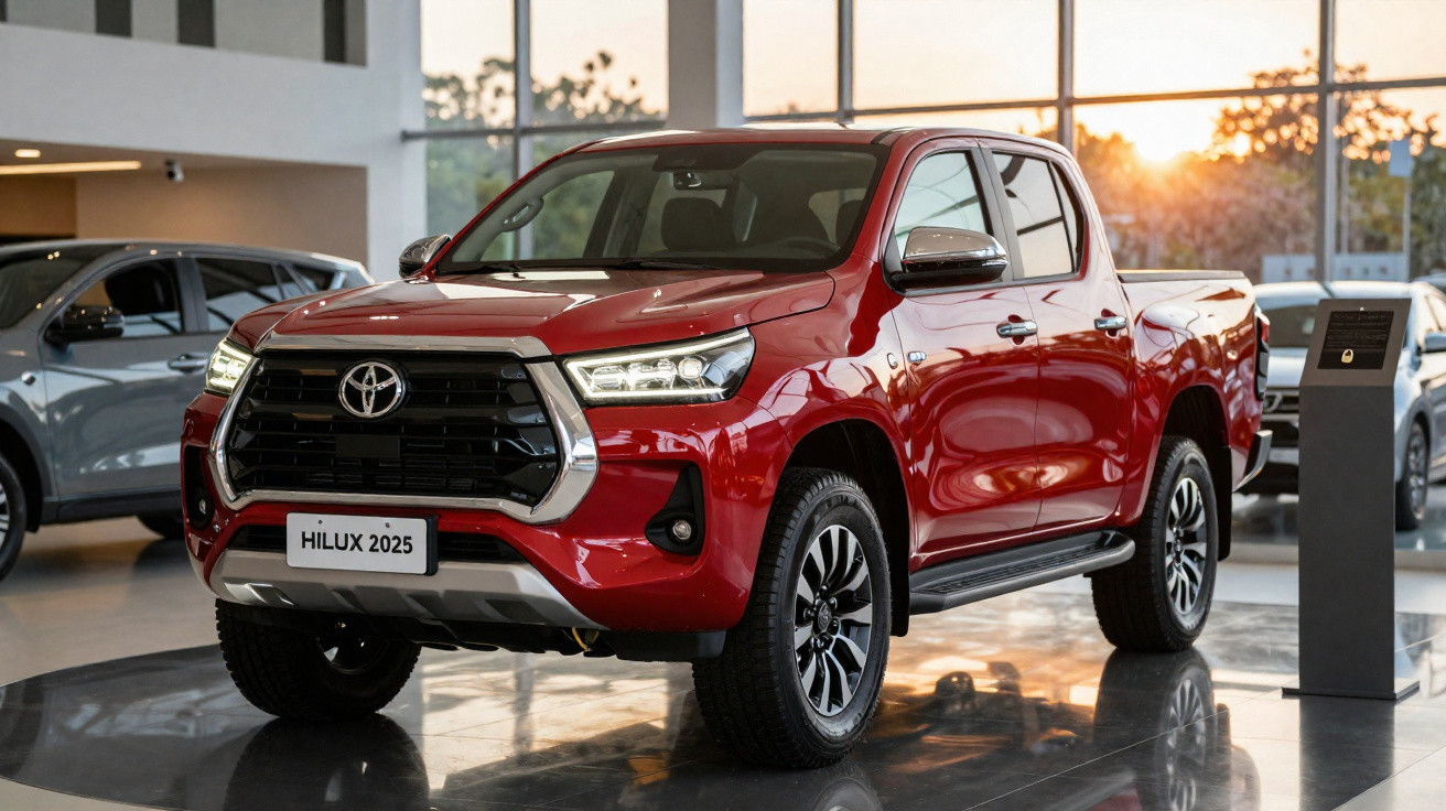 Picape Toyota Hilux 2025 vermelha em showroom com luz natural ao fundo.