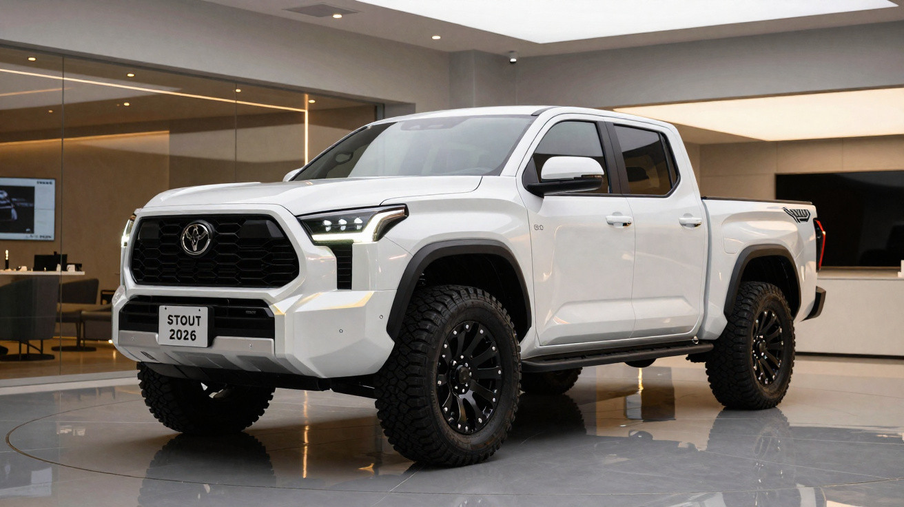 Picape Toyota Stout 2026 branca em ambiente interno com rodas grandes e design robusto.