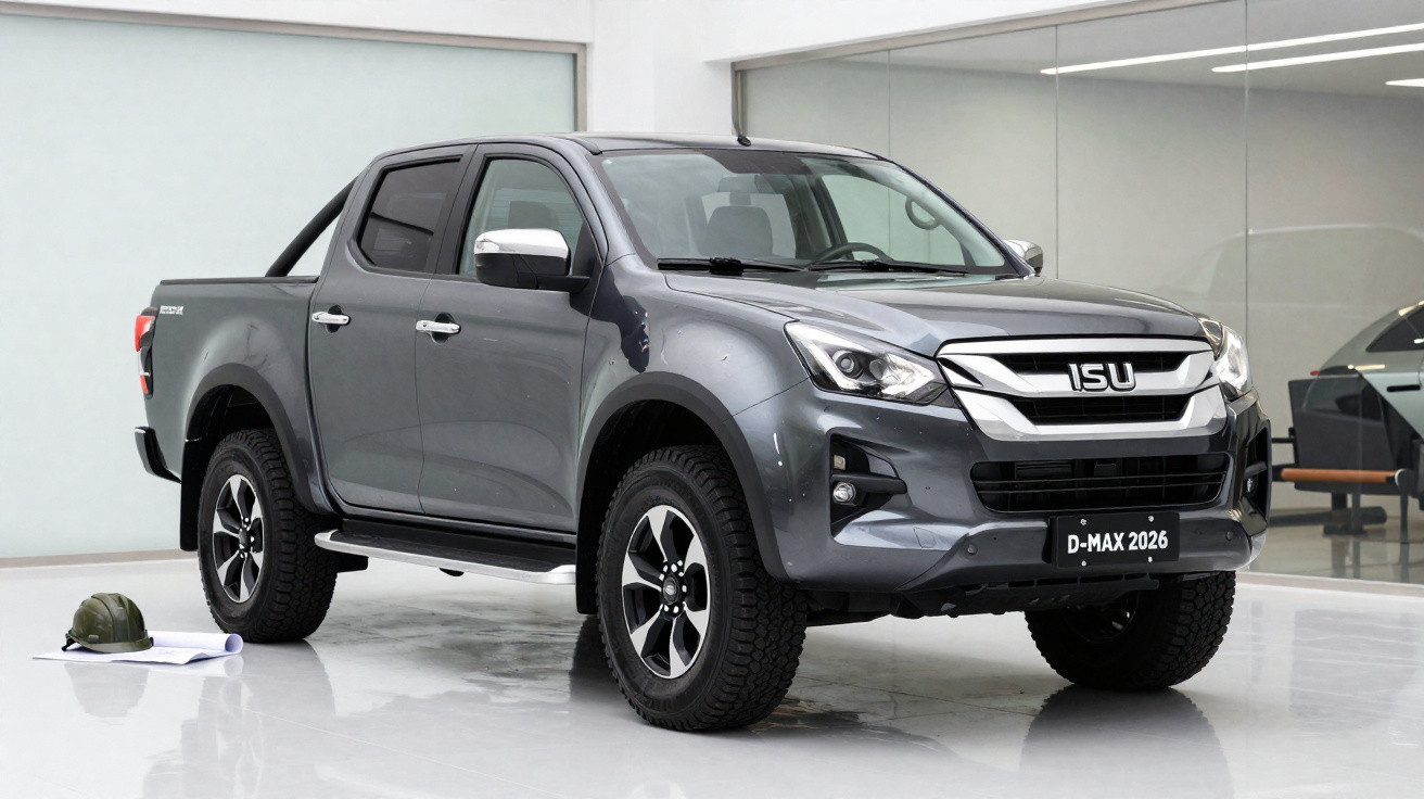Picape cinza Isuzu D-Max 2026 em ambiente interno com capacete e planta ao lado.