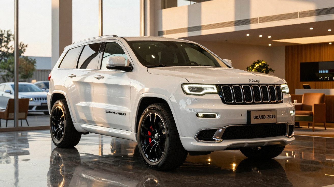SUV branco Jeep Grand 2026 exposto em showroom moderno com piso refletivo e iluminação interna.