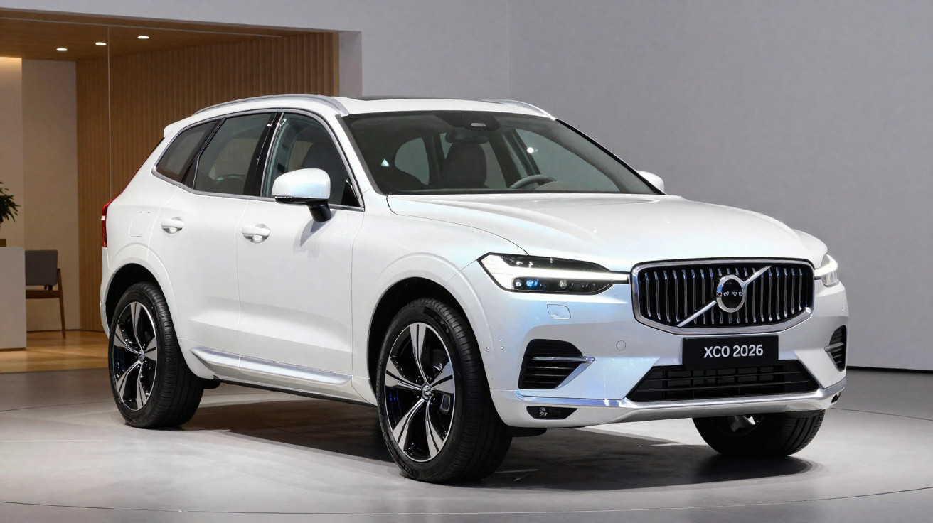 SUV Volvo XC90 branco estacionado em ambiente interno com roda preta e detalhes cromados.