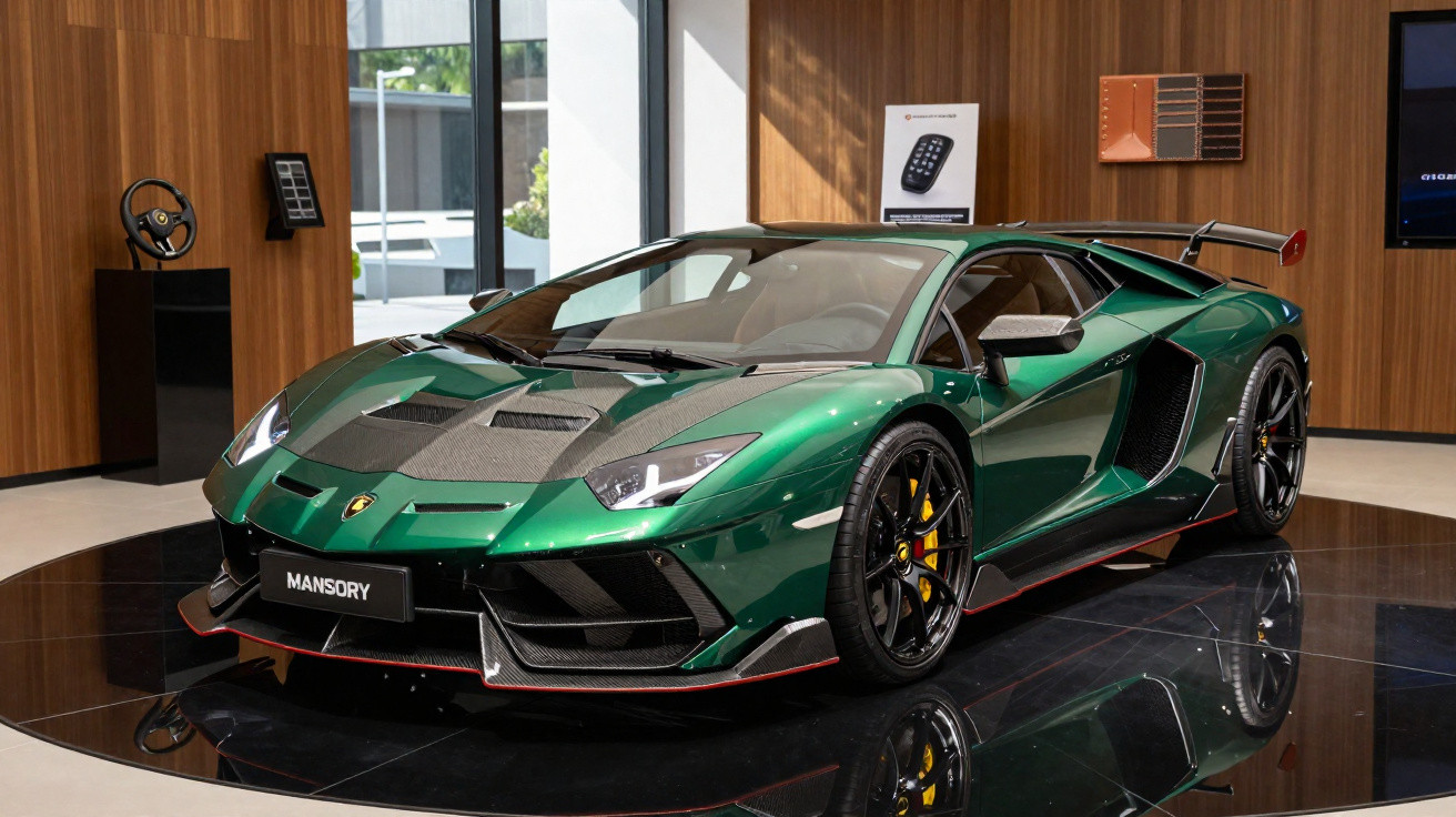 Carro esportivo verde Mansory com detalhes em fibra de carbono exibido em salão moderno com piso preto brilhante.