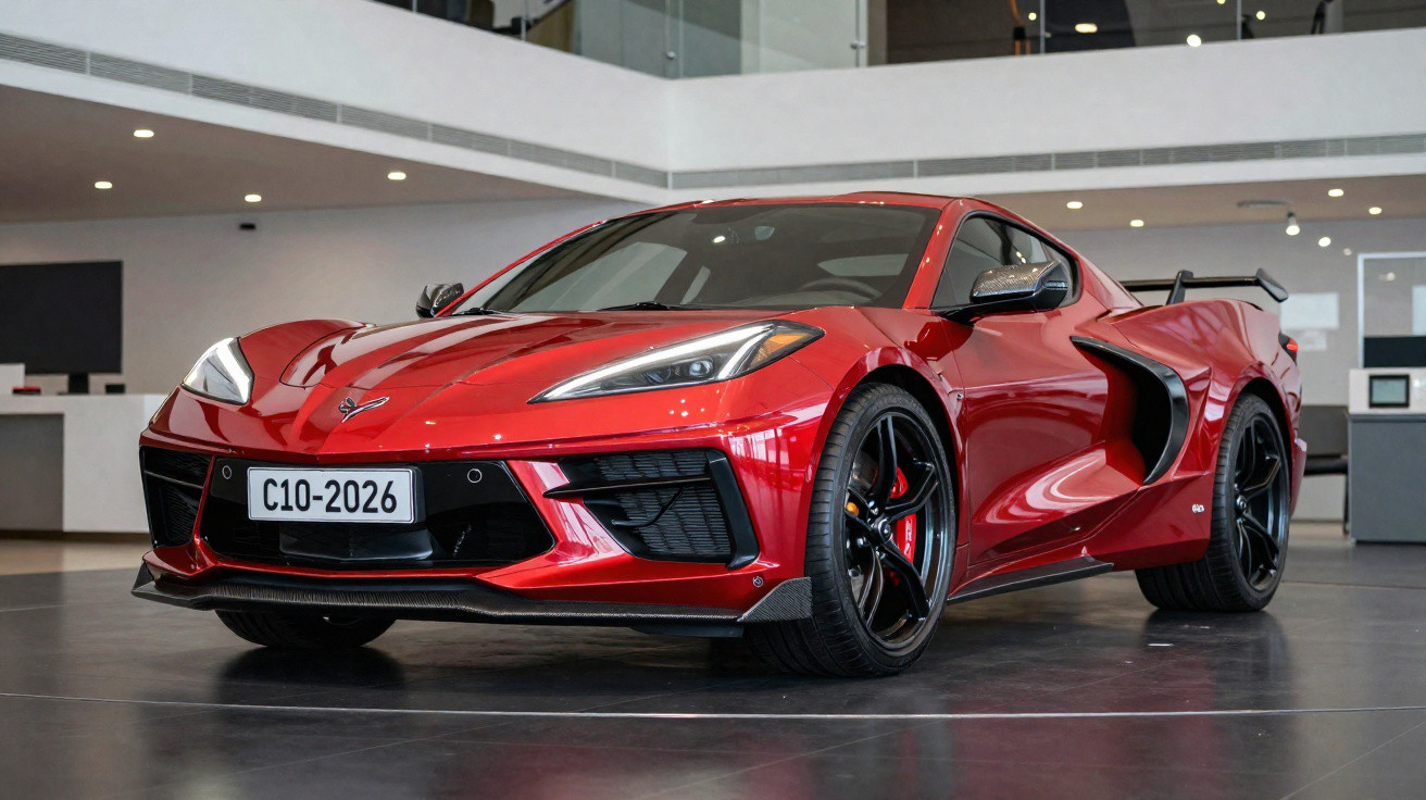 Carro esportivo vermelho com design aerodinâmico exposto em showroom moderno.