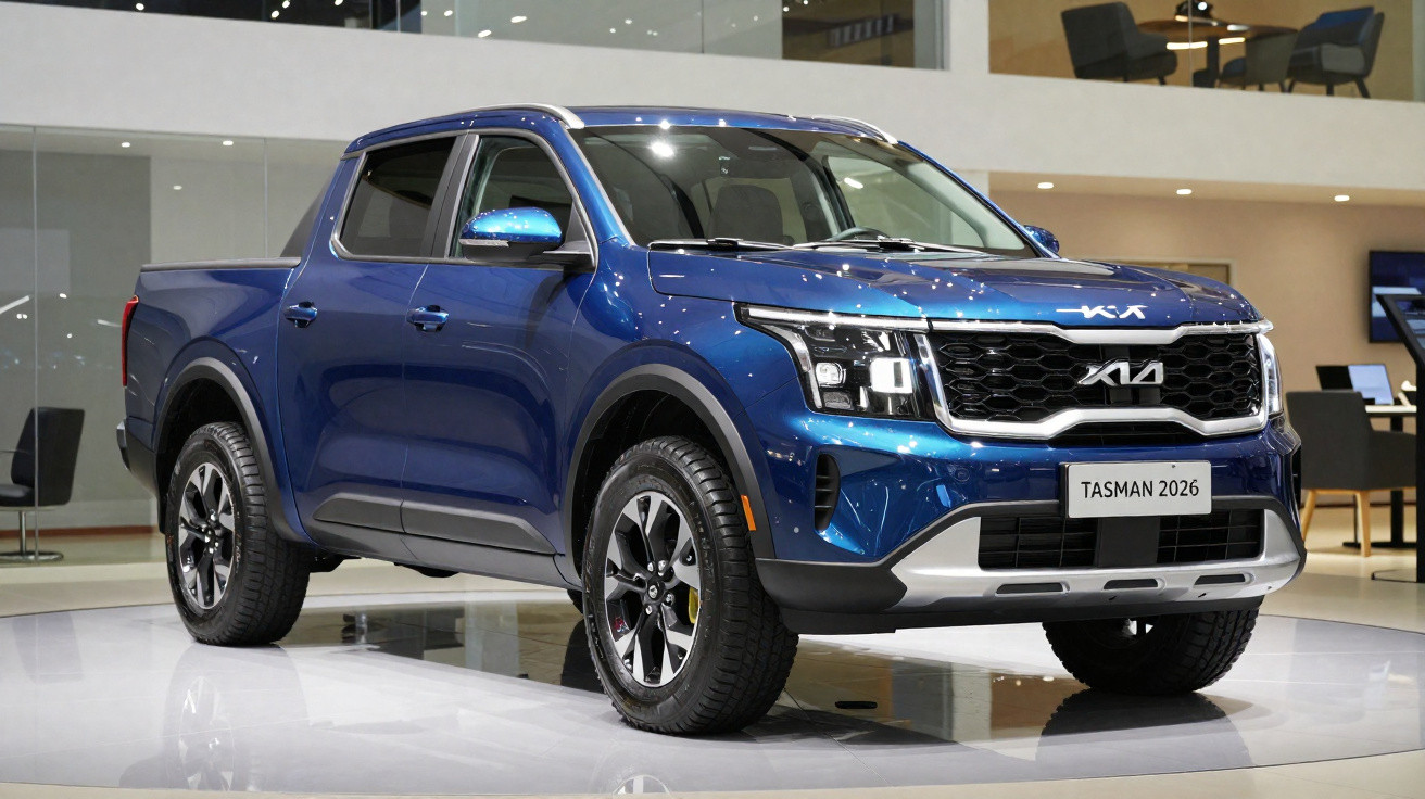 Picape azul Kia Tasman 2026 exposta em salão de veículos moderno.