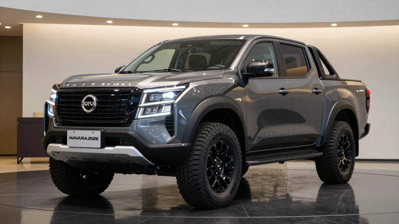 Picape Nissan Navara 2026 cinza exibida em salão, vista frontal lateral direita.
