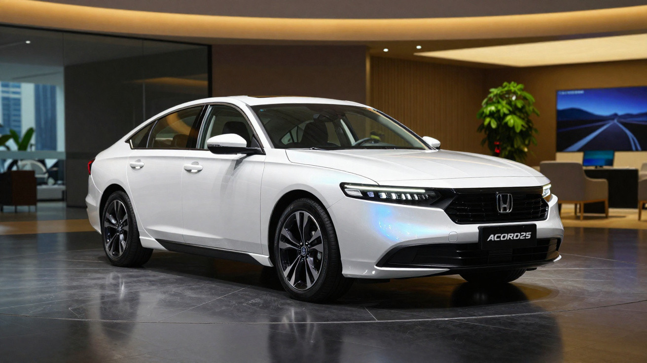 Carro sedã branco Honda Accord 2025 em showroom moderno com iluminação suave e decoração minimalista.