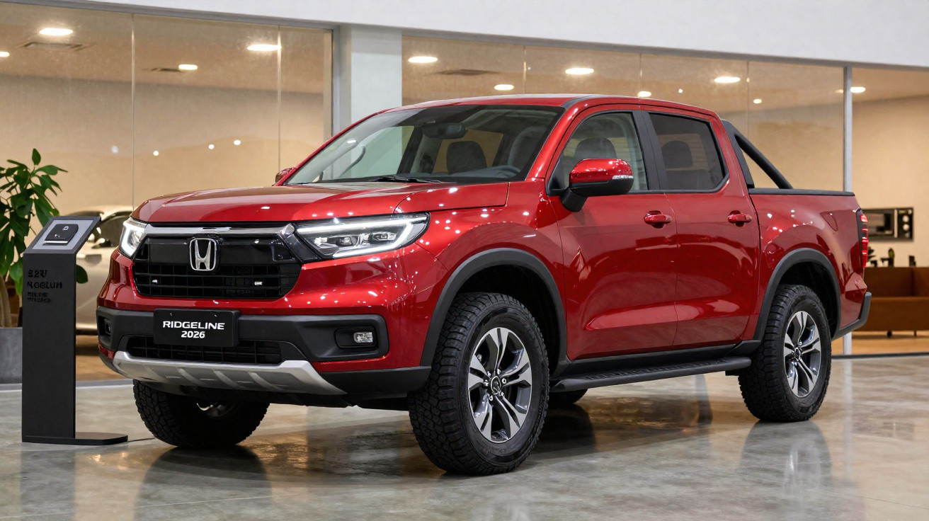 Picape Honda Ridgeline 2026 vermelha exposta em showroom moderno e iluminado.