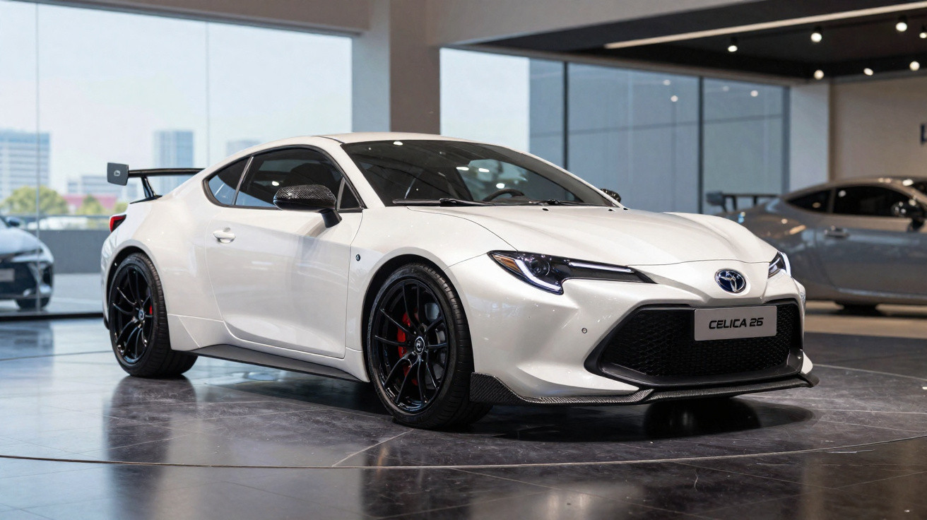 Carro esportivo branco Toyota Celica 26 em exposição dentro de showroom com teto escuro e piso brilhante.