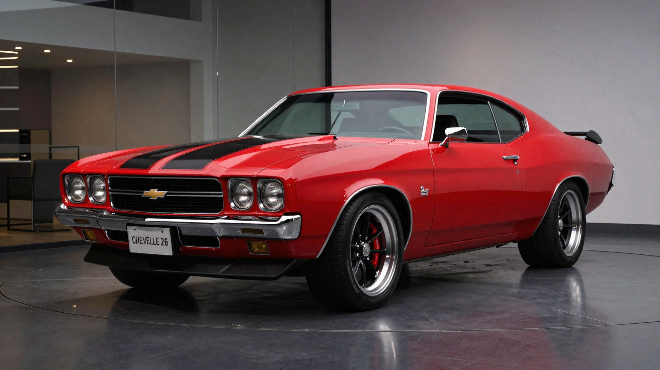 Carro clássico Chevrolet Chevelle vermelho com listras pretas, rodas pretas e detalhes cromados estacionado.