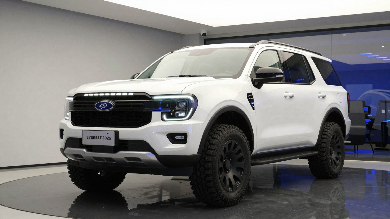 Carro SUV Ford Everest 2026 branco em exposição com pneus grandes e faróis acesos em ambiente interno.
