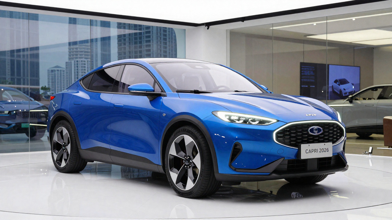 Carro elétrico azul Capri 2026 em exposição em ambiente moderno e iluminado, com prédios ao fundo.