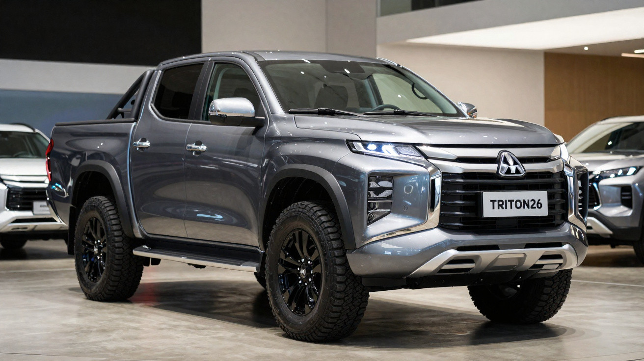Picape Mitsubishi Triton cinza estacionada em showroom com design robusto e moderno.