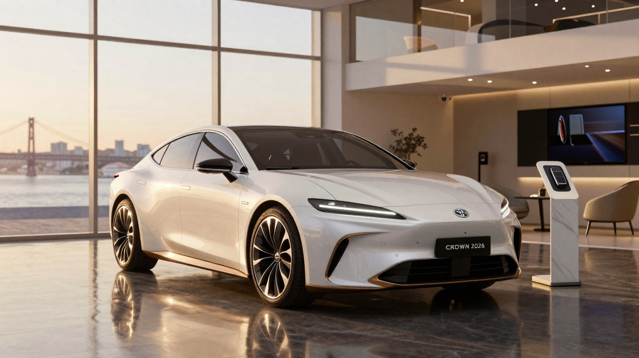 Carro elétrico branco Toyota Crown 2023 em ambiente interno moderno com grandes janelas e vista para a ponte.