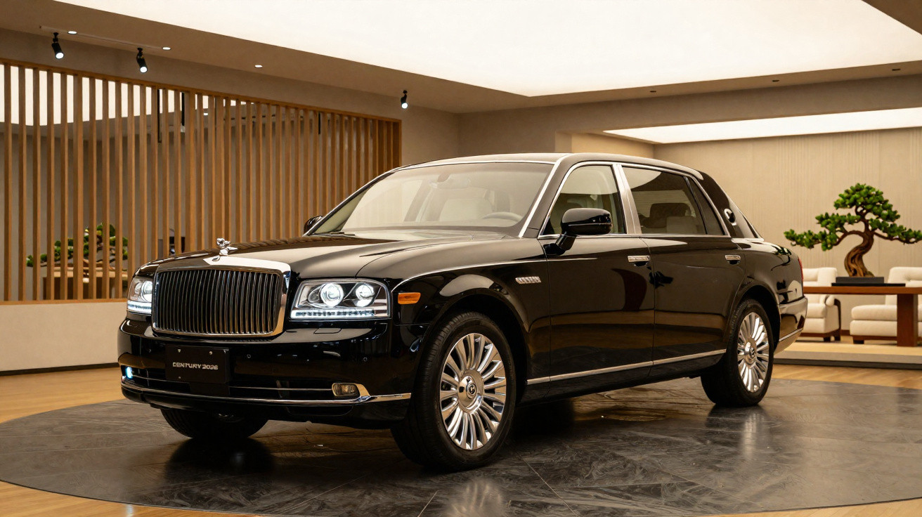 Carro sedan preto de luxo em exposição interna com detalhes cromados e design clássico elegante.