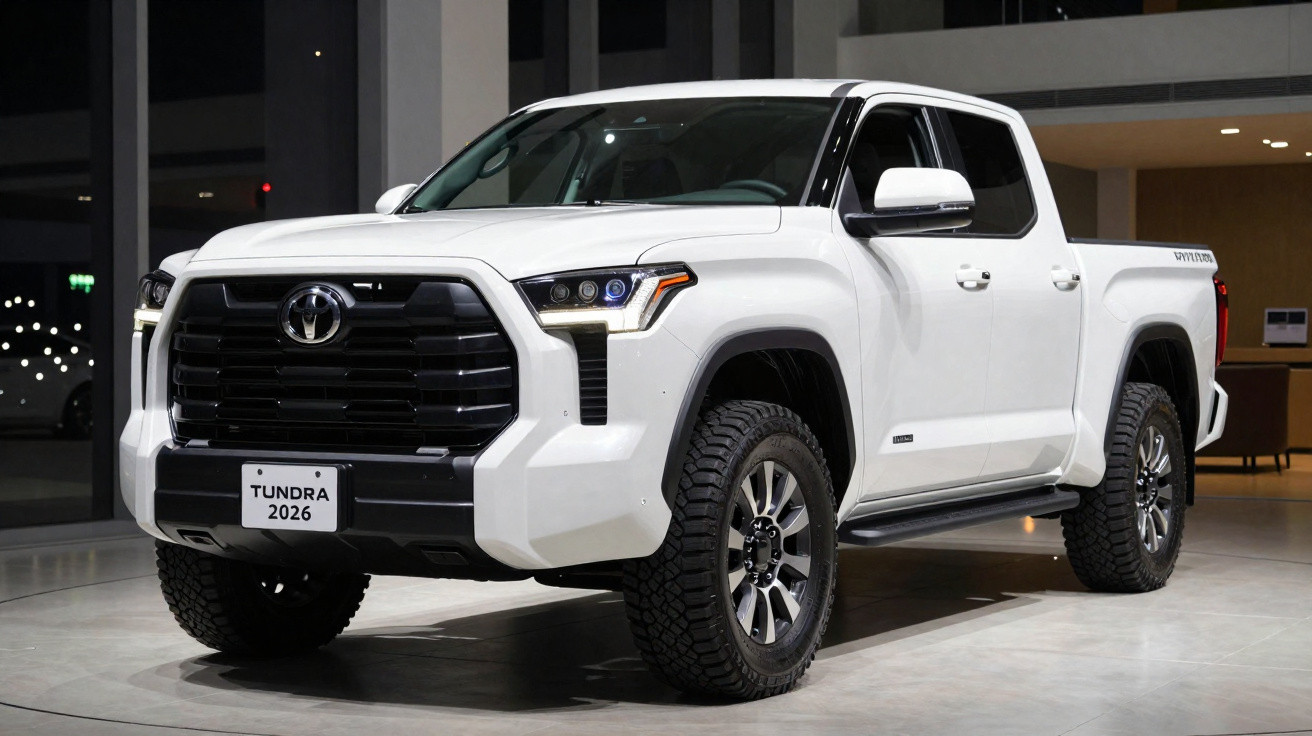 Picape Toyota Tundra 2026 branca em exposição interna com faróis LED modernos.
