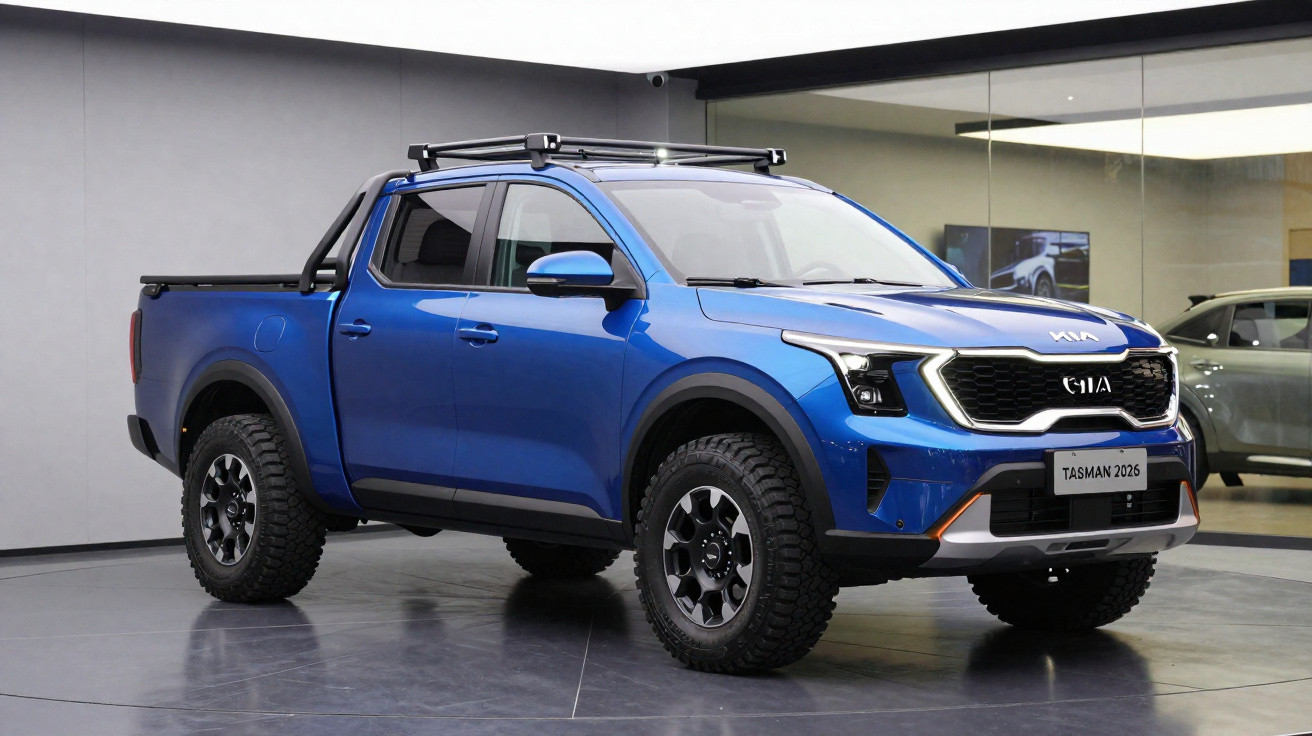 Picape azul Kia Tasman 2026 estacionada em ambiente interno moderno com rodas robustas e rack no teto.