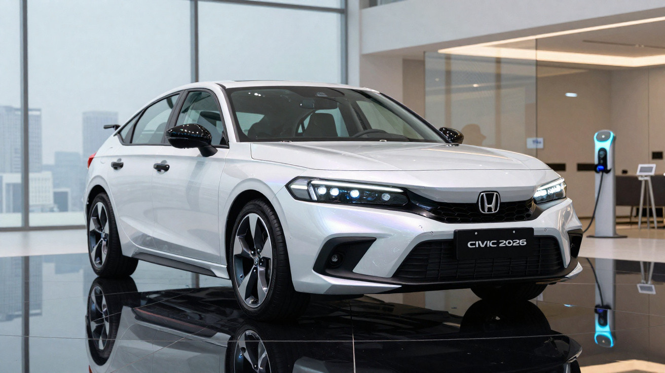 Carro sedan branco Honda Civic 2026 exposto em salão moderno com chão espelhado e estação de carregamento.