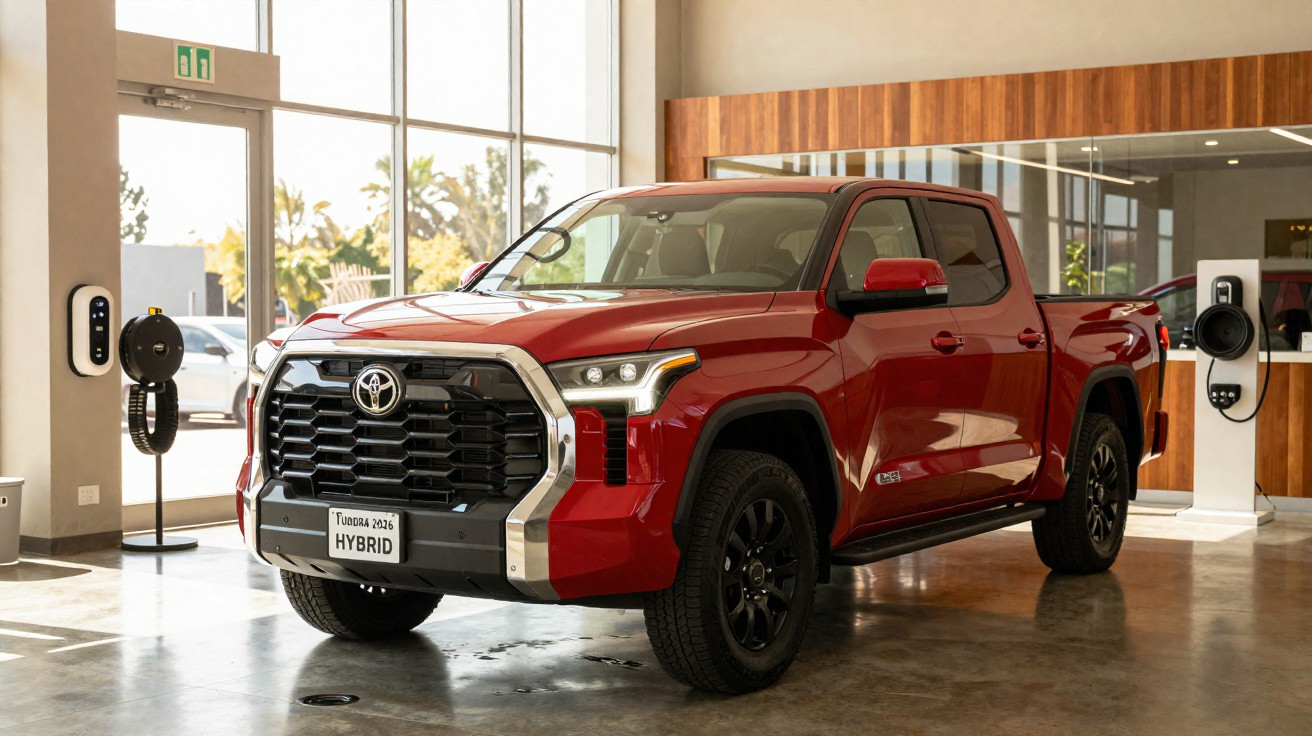Pick-up Toyota Tundra híbrida vermelha, estacionada em showroom com carregadores elétricos.