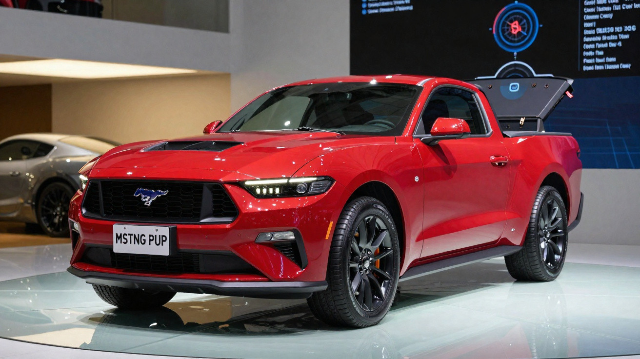 Carro vermelho Ford Mustang modificado estilo picape exposto em salão automotivo.