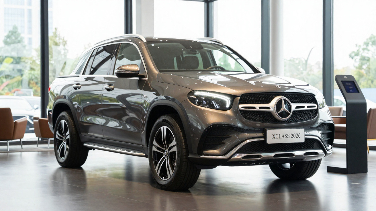 Carro Mercedes-Benz X-Class 2026 cinza exposição em showroom moderno com vidros grandes.