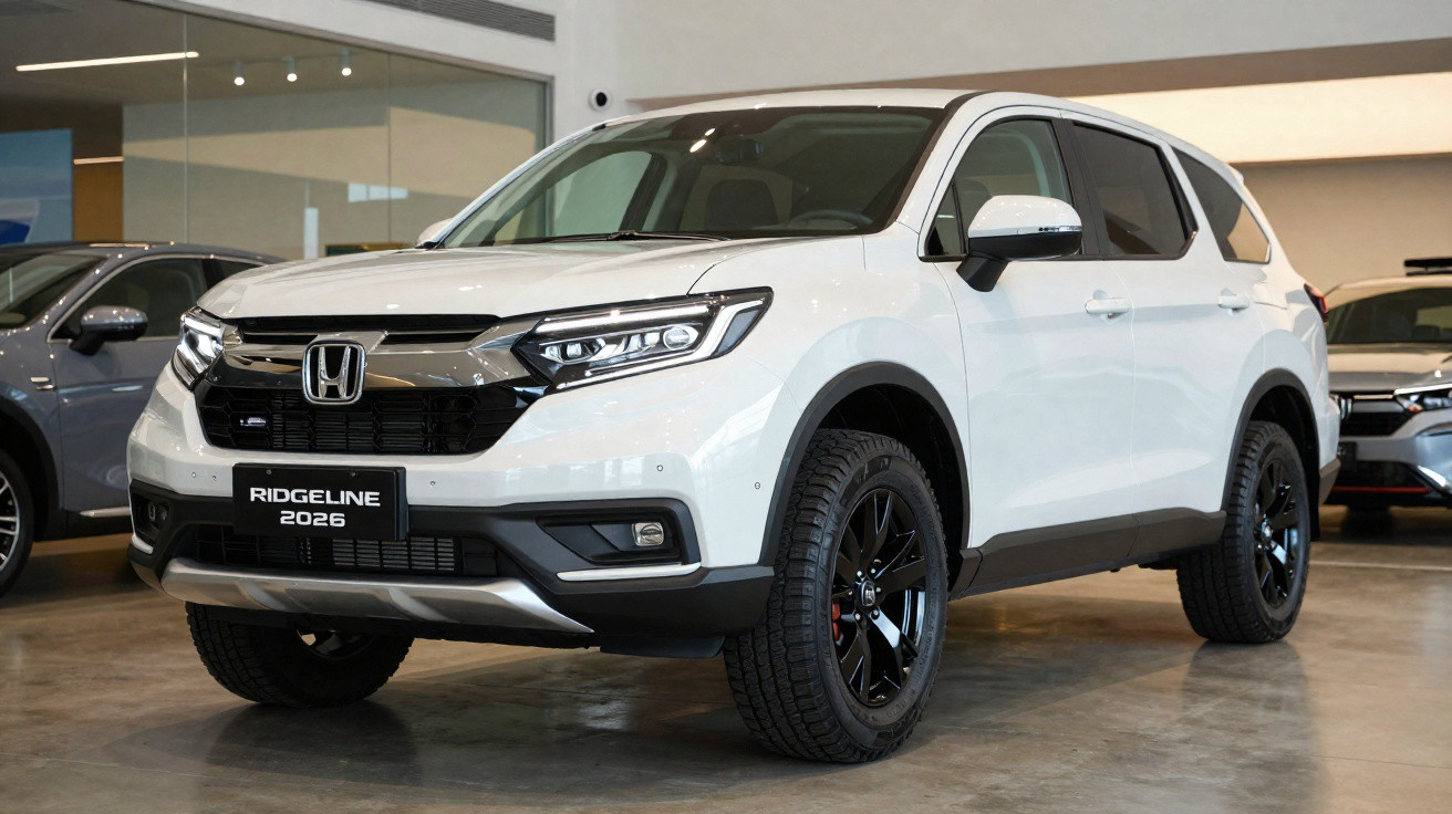 Carro SUV branco Honda Ridgeline 2026 em showroom com rodas pretas e faróis acesos.