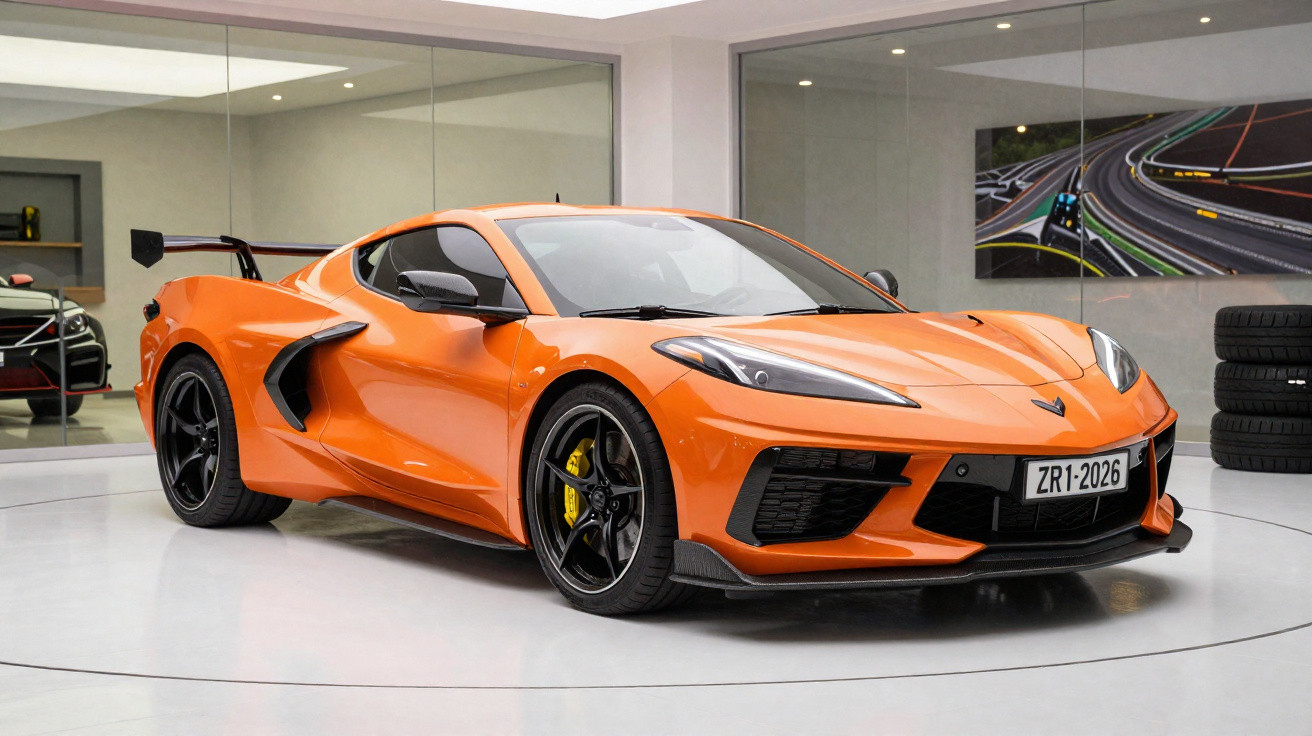 Carro esportivo Chevrolet Corvette C8 laranja estacionado em ambiente interno com piso branco e parede espelhada.