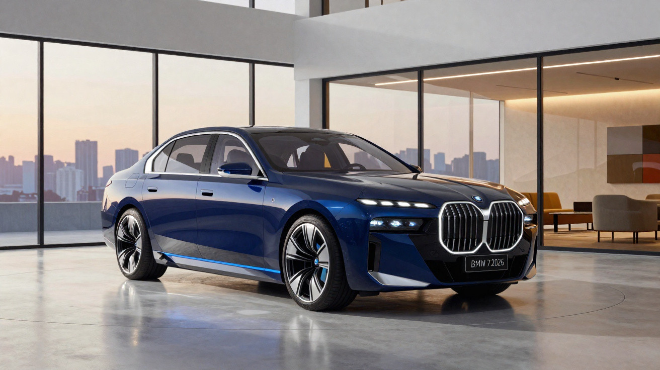 Carro BMW azul escuro estacionado em ambiente moderno com grandes janelas e vista da cidade ao fundo.