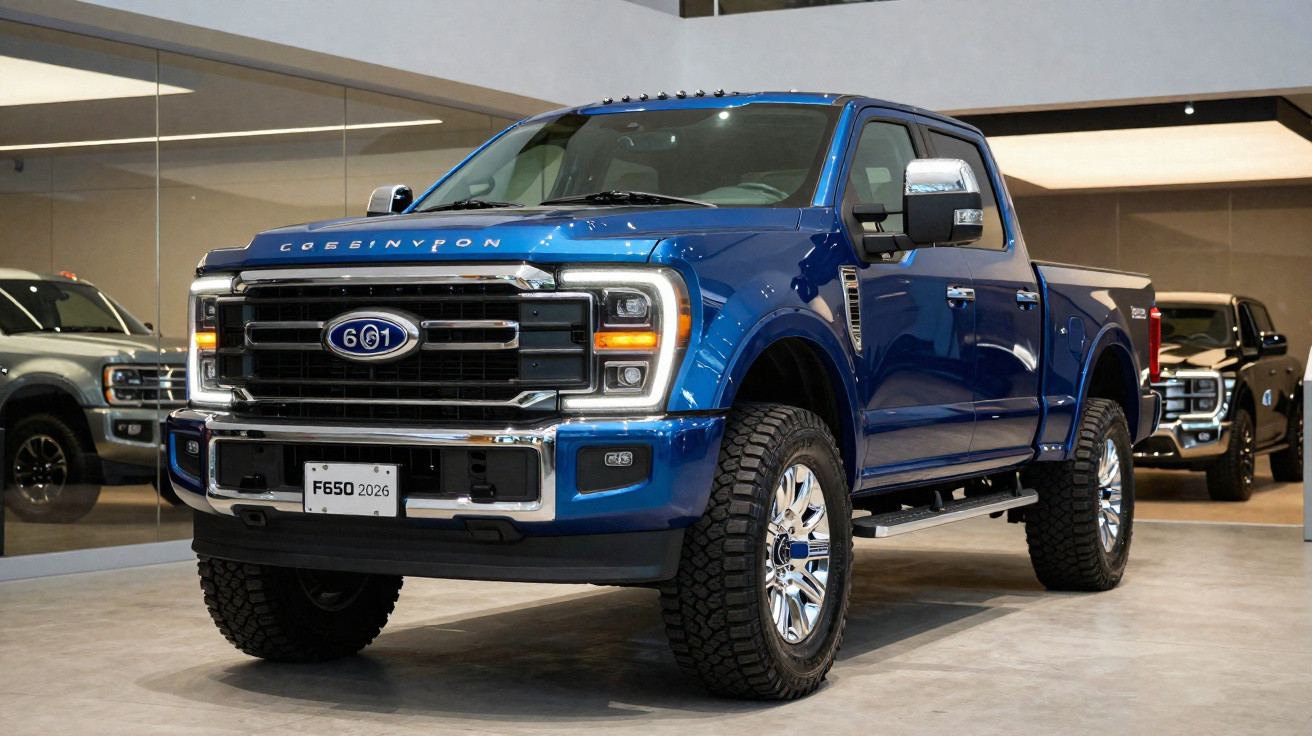 Picape azul Ford F550 2026 em exposição com pneus robustos e detalhes cromados.
